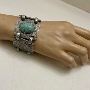 Vintage,  1940s  Engraved and Hammered Aluminum Bracelet 7.5in x 1.5in